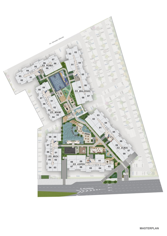 Masterplan do WE Barra by Living com destaque para o Edifício Ibiza e a área de lazer