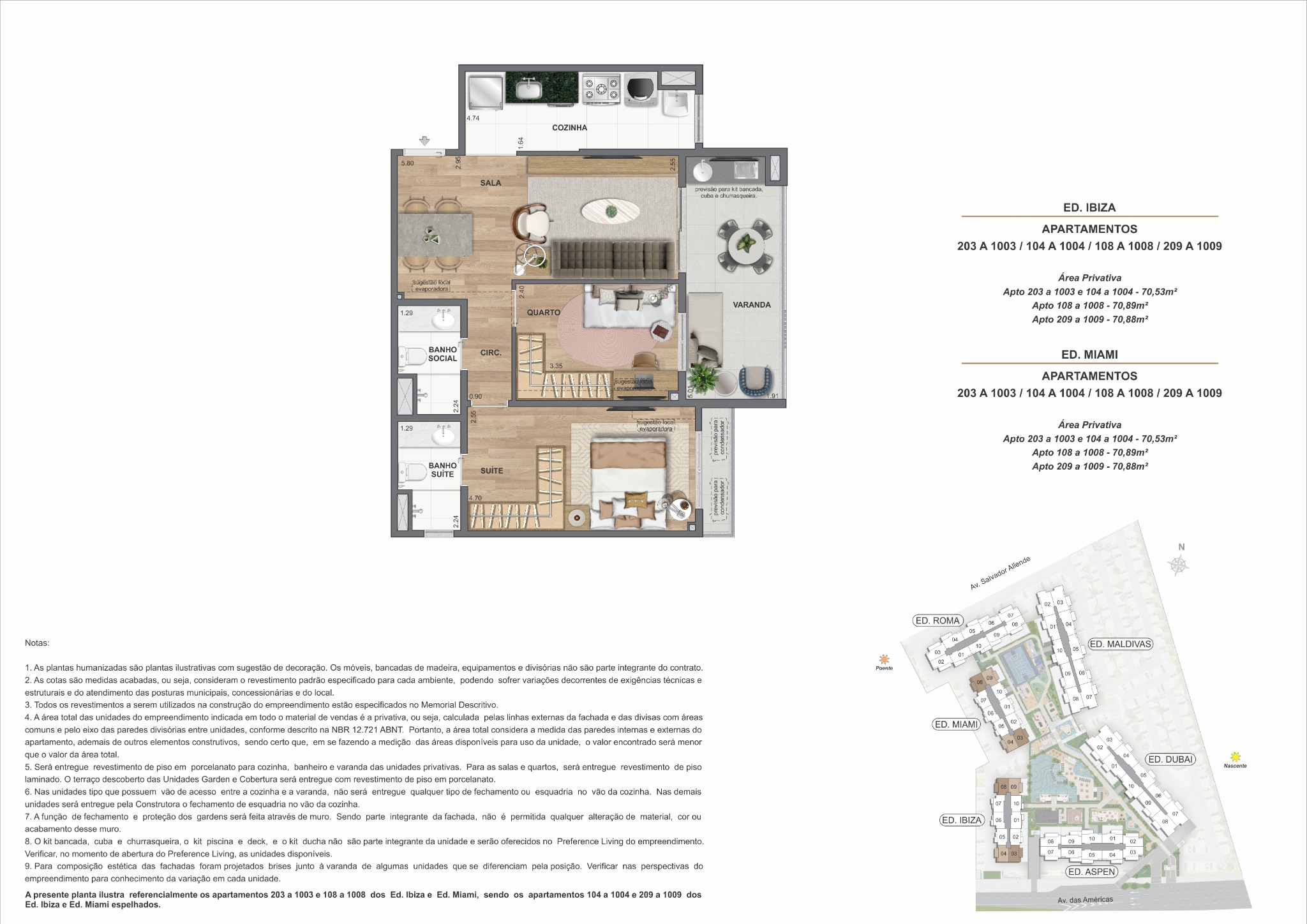 Planta baixa do Apto 409, Ed. Ibiza, 70,88m², 2 quartos com suíte
